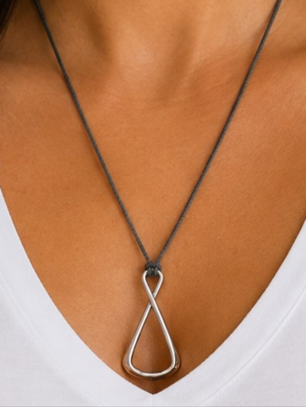 💎 Silver Tone Infinity Pendant Necklace Gray Cord Long Minimalist Statement